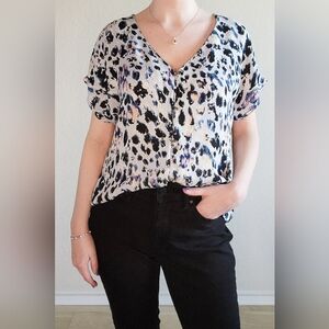 Button-down, Blue Animal Print Slouchy Blouse, Size L